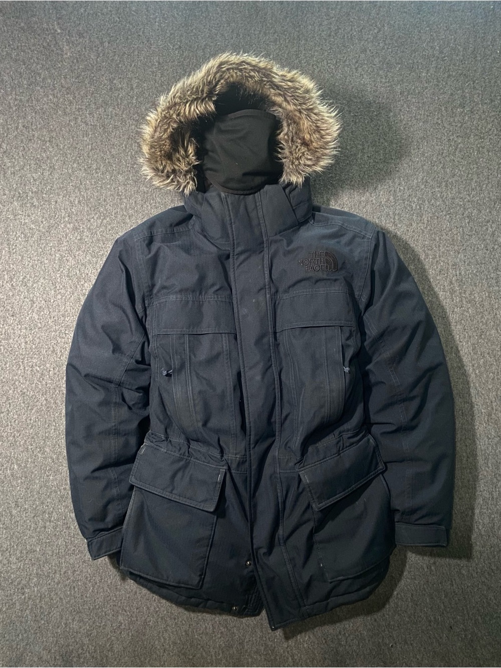 HiThe North Face McMurdo Parka Jacket Mens XS Black Navy Faux Fur Hood Down Flaw